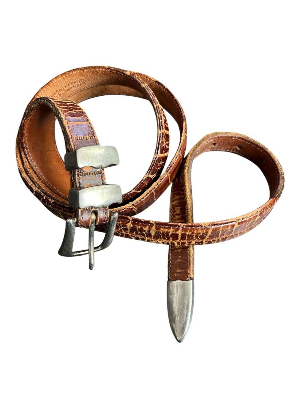 Martin Dingman Vintage Brown Alligator Leather Belt with Silver Accents Size 42